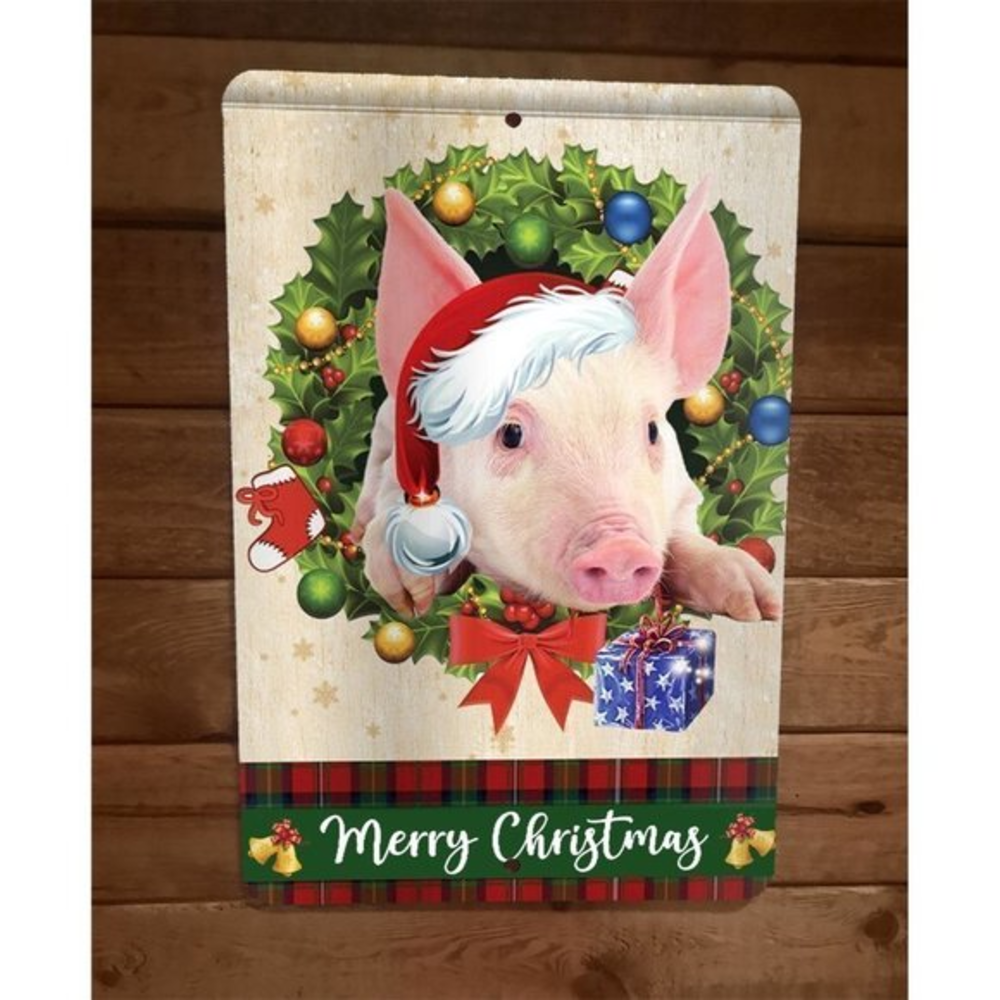 Merry Christmas Pig Xmas 8x12 Metal Wall Sign Animal Poster
